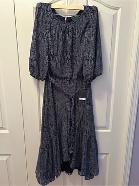 Gabby Skye Navy and White Polka Dot Midi Dress